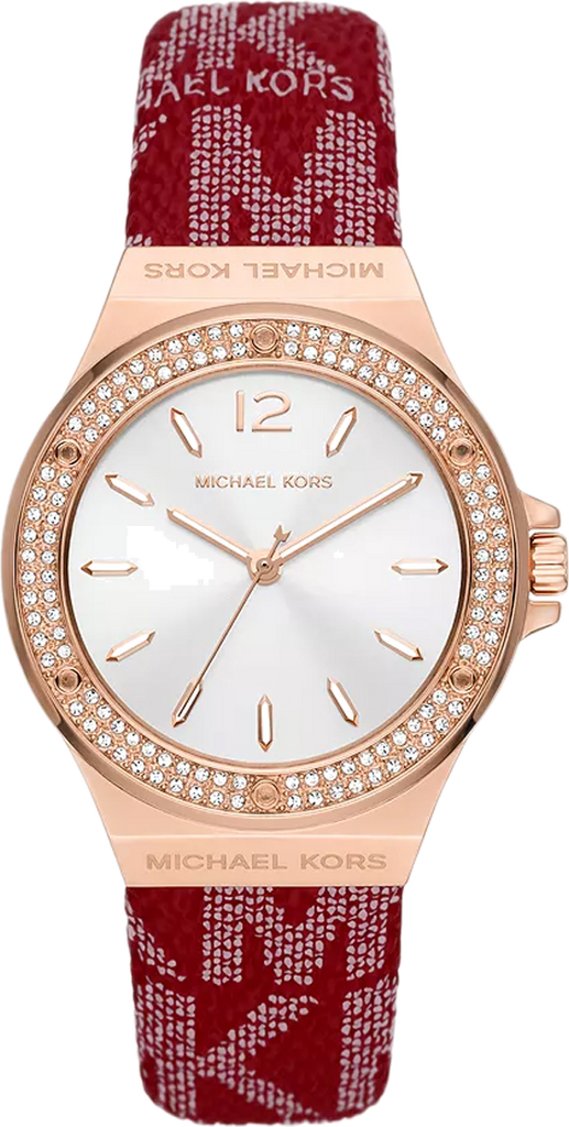 Michael Kors Lennox MK7308 women's watch with white dial, rose gold pavé bezel, and red MK-patterned leather strap