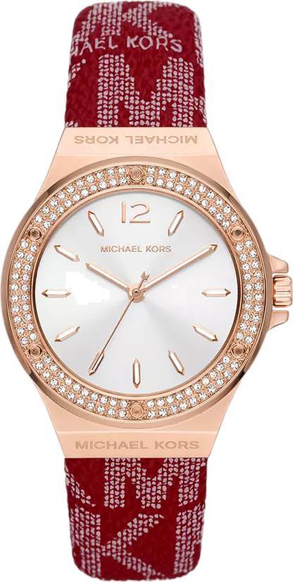 Michael Kors Lennox MK7308 women's watch with white dial, rose gold pavé bezel, and red MK-patterned leather strap