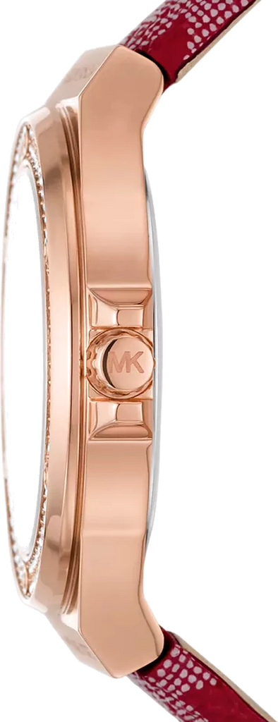 Side profile of Michael Kors Lennox MK7308 watch showing rose gold case and red MK-patterned leather strap