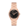 Michael Kors Lennox rose gold women's watch with black dial and Roman numeral markers