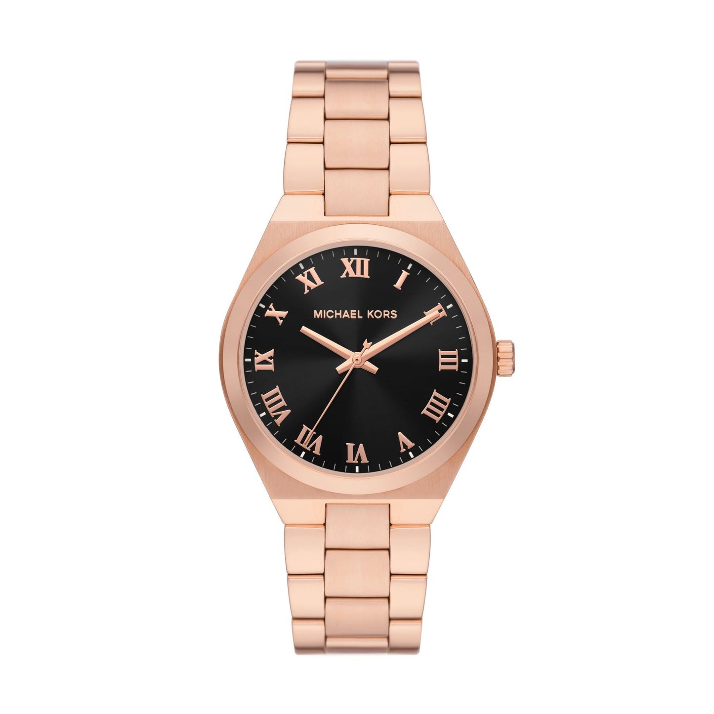 Michael Kors Lennox rose gold women's watch with black dial and Roman numeral markers