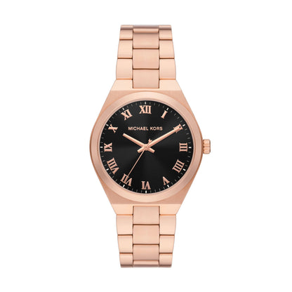 Michael Kors Lennox rose gold women's watch with black dial and Roman numeral markers
