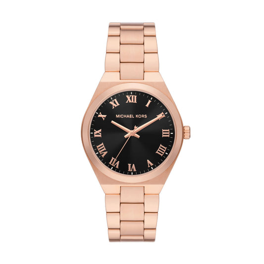 Michael Kors Lennox rose gold women's watch with black dial and Roman numeral markers