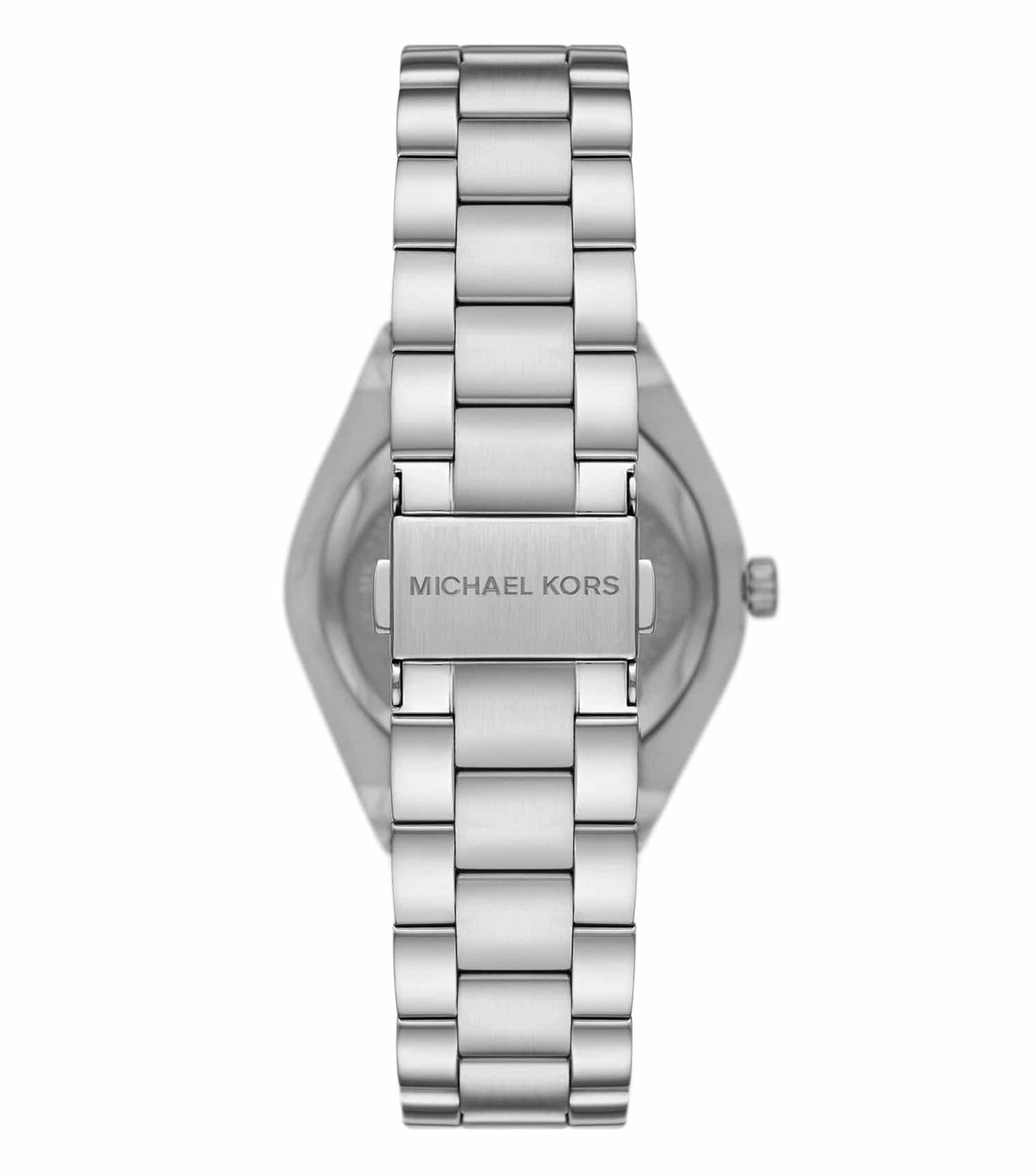 Caseback of Michael Kors Lennox MK7393 with Michael Kors engraving and stainless steel bracelet
