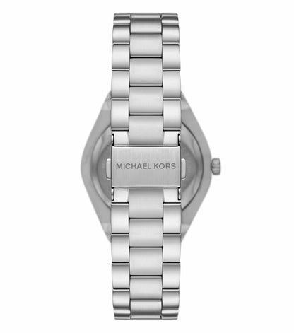 Caseback of Michael Kors Lennox MK7393 with Michael Kors engraving and stainless steel bracelet
