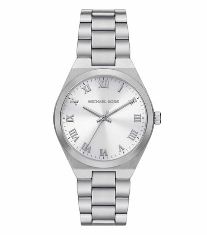 Michael Kors Lennox MK7393 silver-tone women's watch with white dial and Roman numerals
