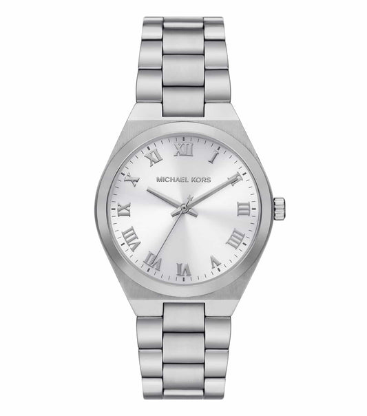 Michael Kors Lennox MK7393 silver-tone women's watch with white dial and Roman numerals