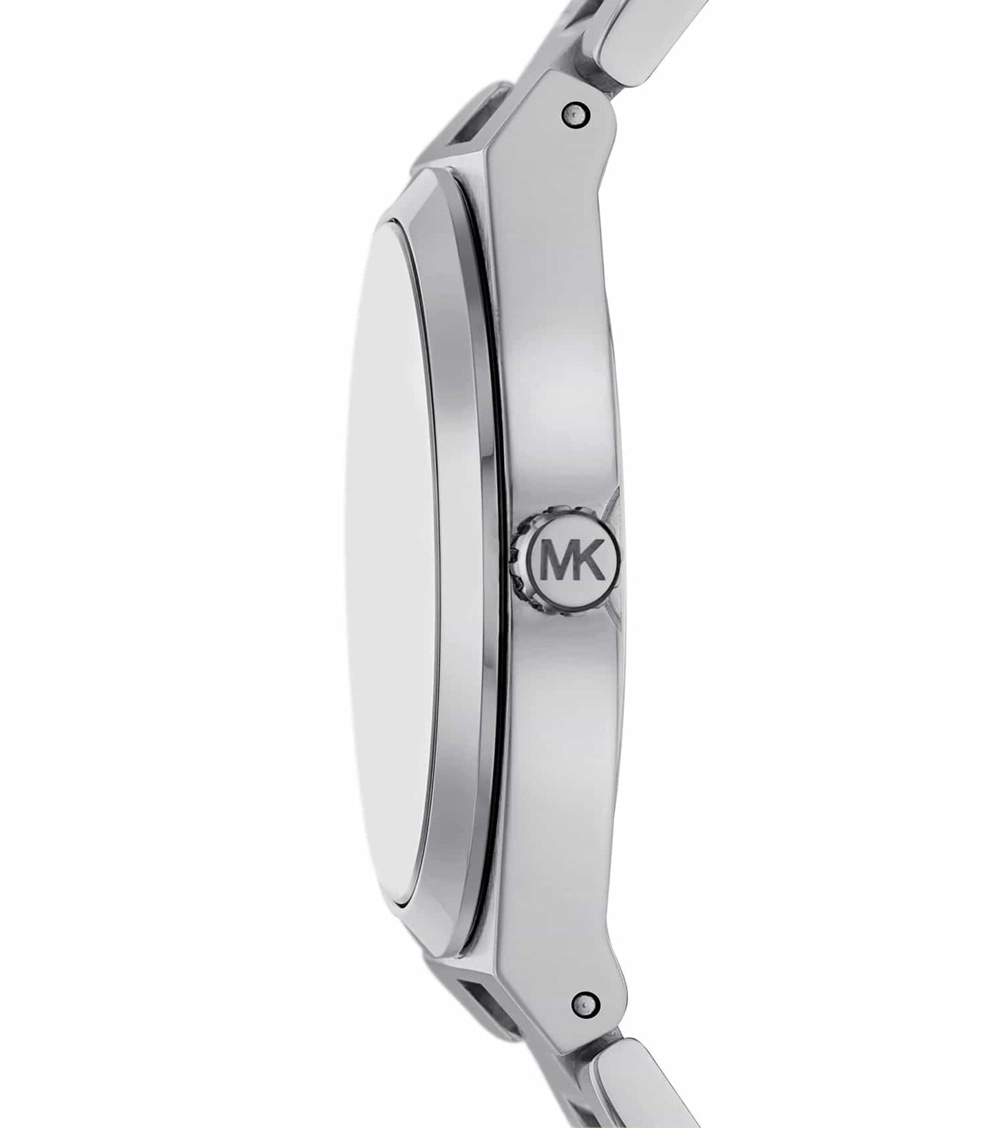 Side profile of Michael Kors Lennox MK7393 showing silver-tone case and bracelet