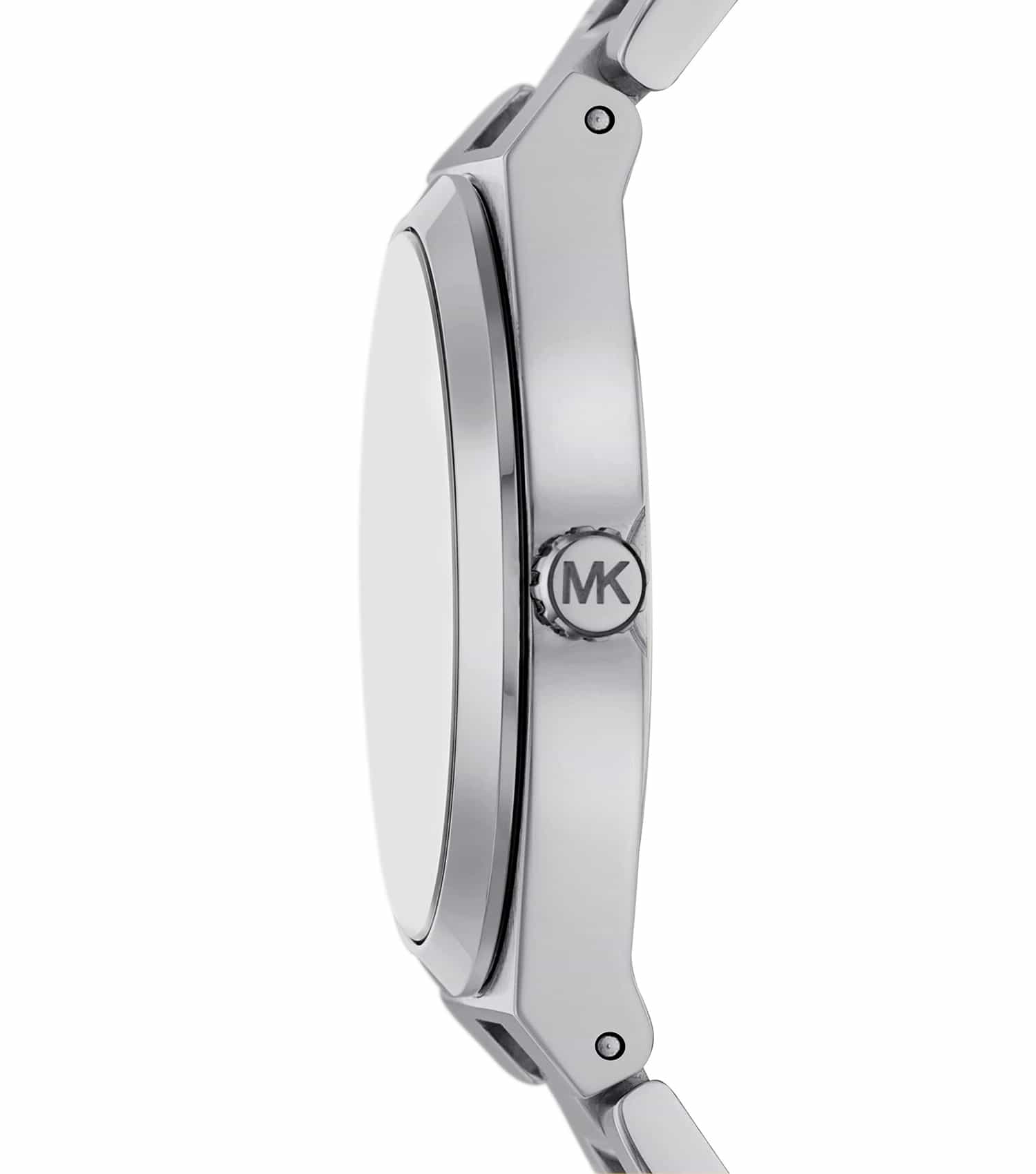 Side profile of Michael Kors Lennox MK7393 showing silver-tone case and bracelet
