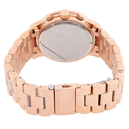Michael Kors Lennox rose gold chronograph watch showing case back and bracelet