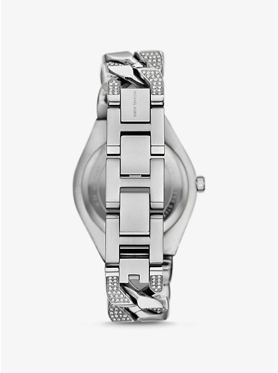 Michael Kors Lennox watch case back view with pavé and curb-link bracelet