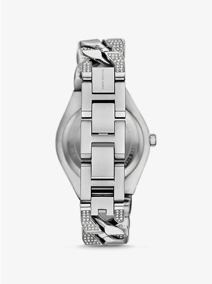 Michael Kors Lennox watch case back view with pavé and curb-link bracelet