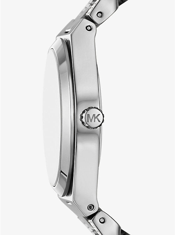 Michael Kors Lennox watch side profile showing silver-tone case and MK logo