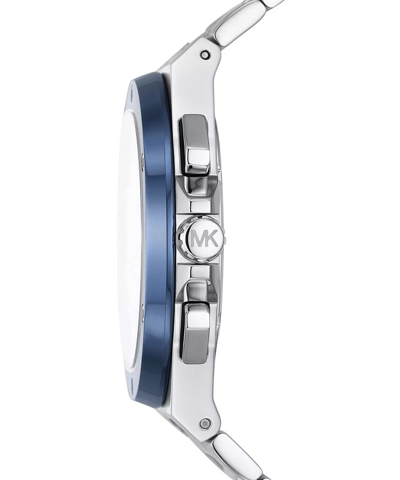 Michael Kors Lennox Chronograph side profile showing blue bezel and silver metal case
