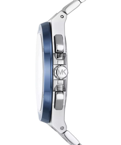 Michael Kors Lennox Chronograph side profile showing blue bezel and silver metal case