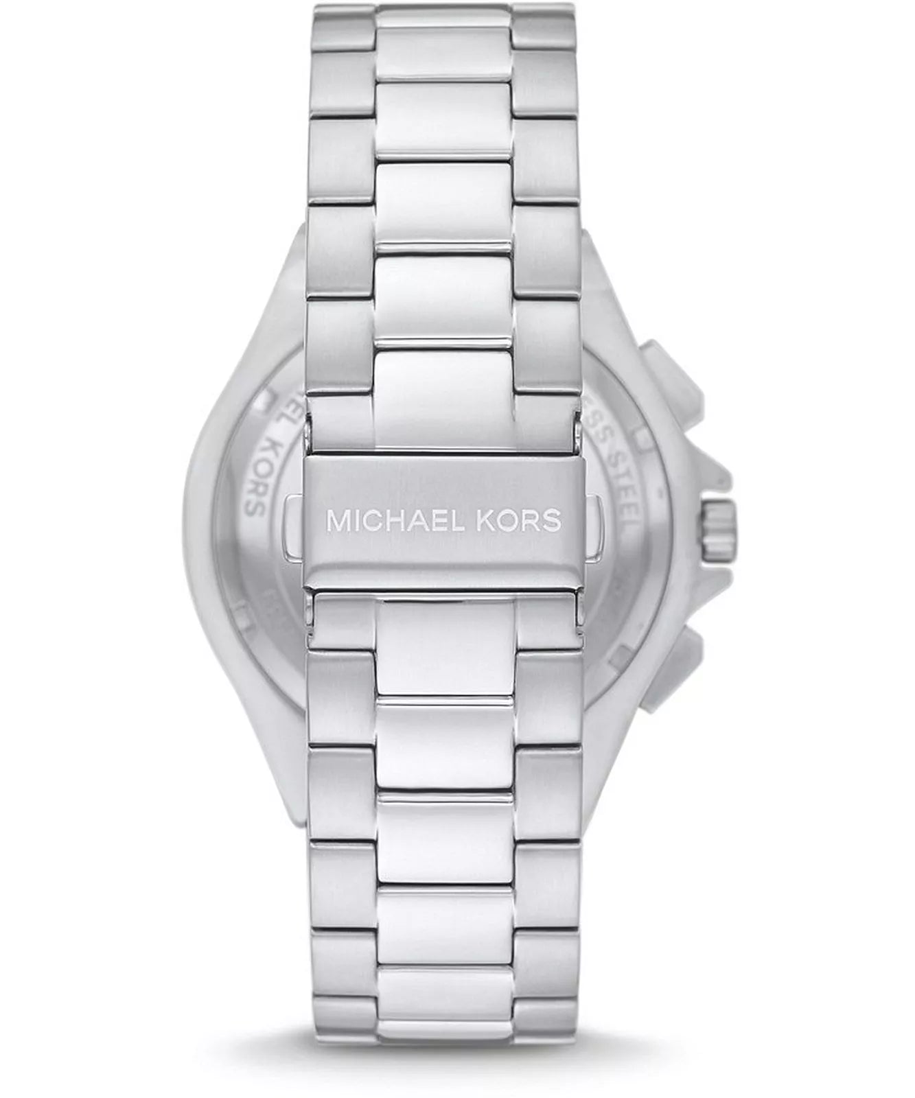 Michael Kors Lennox Chronograph stainless steel bracelet detail and caseback view