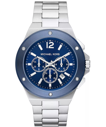 Michael Kors Lennox Chronograph watch with blue dial, three subdials and silver stainless steel bracelet