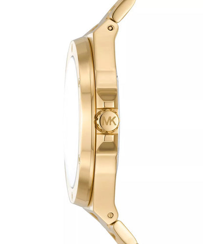 Side profile of Michael Kors Lennox gold-tone watch showing round case and link bracelet