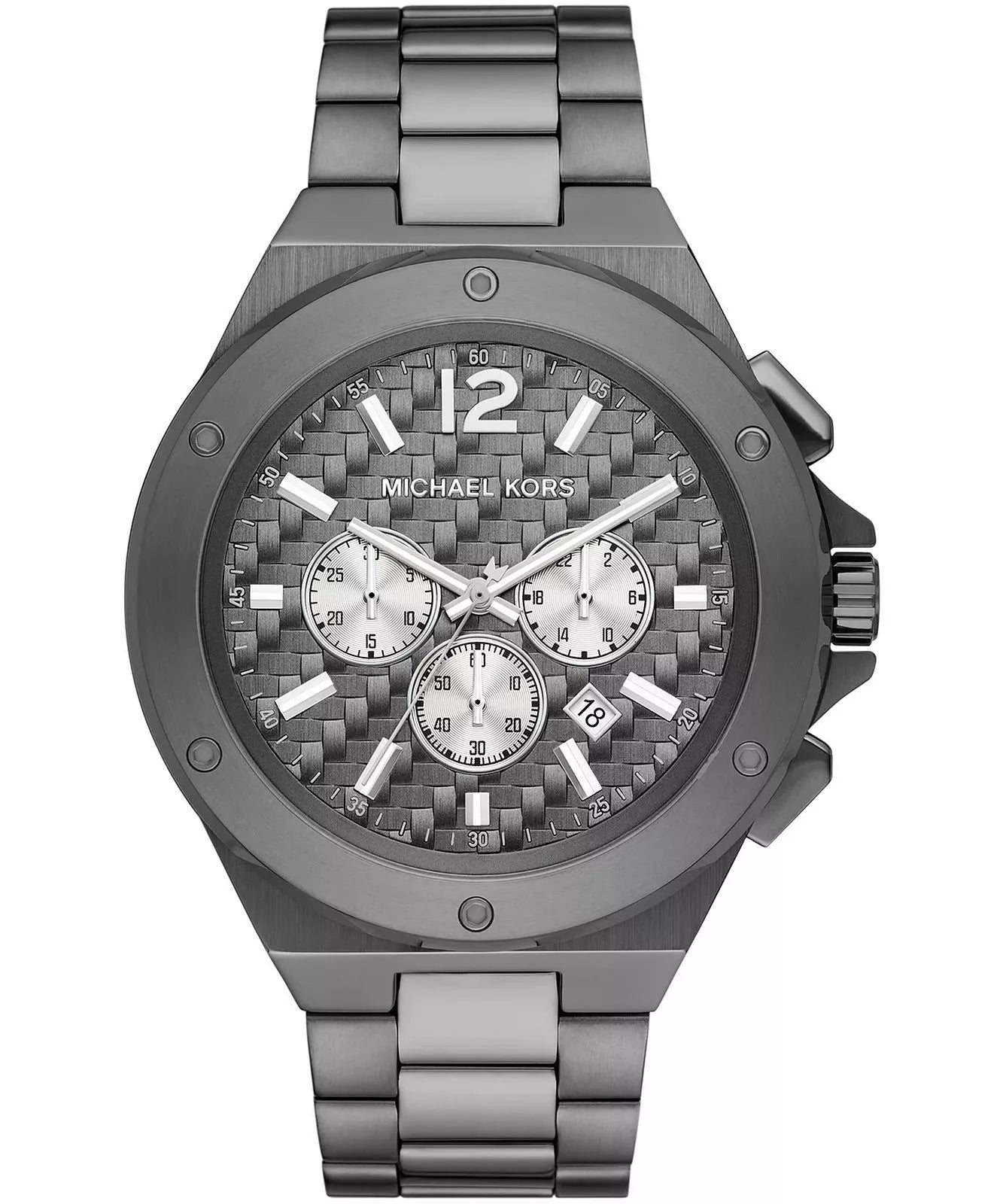 Michael Kors Lennox gunmetal chronograph watch with three subdials and textured dial