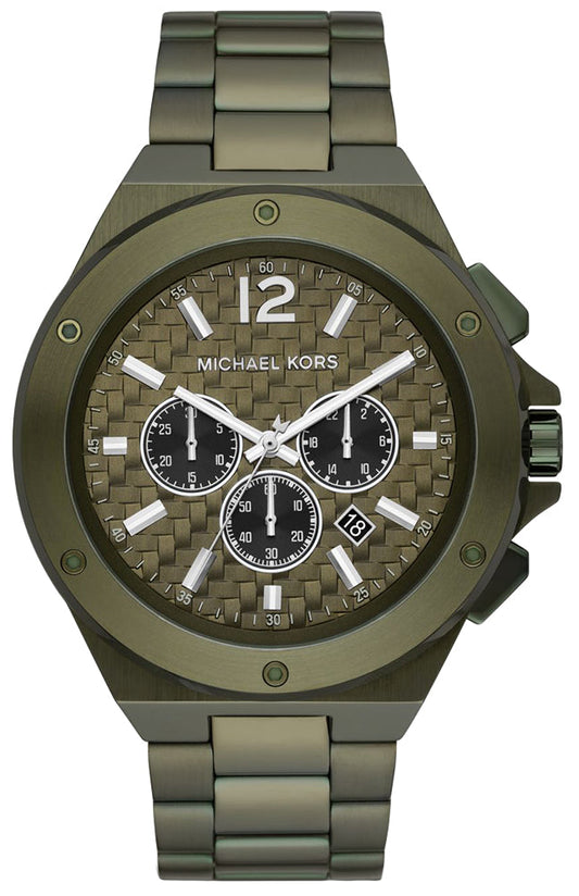 Michael Kors Lennox olive green chronograph watch with three subdials and metal bracelet