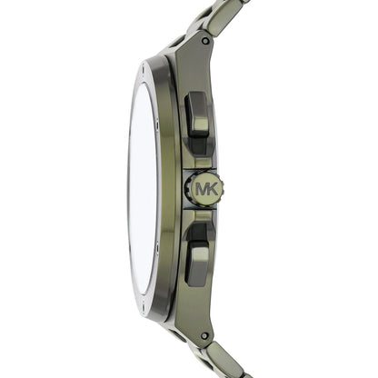 Michael Kors Lennox watch side view showing olive green case and metal bracelet
