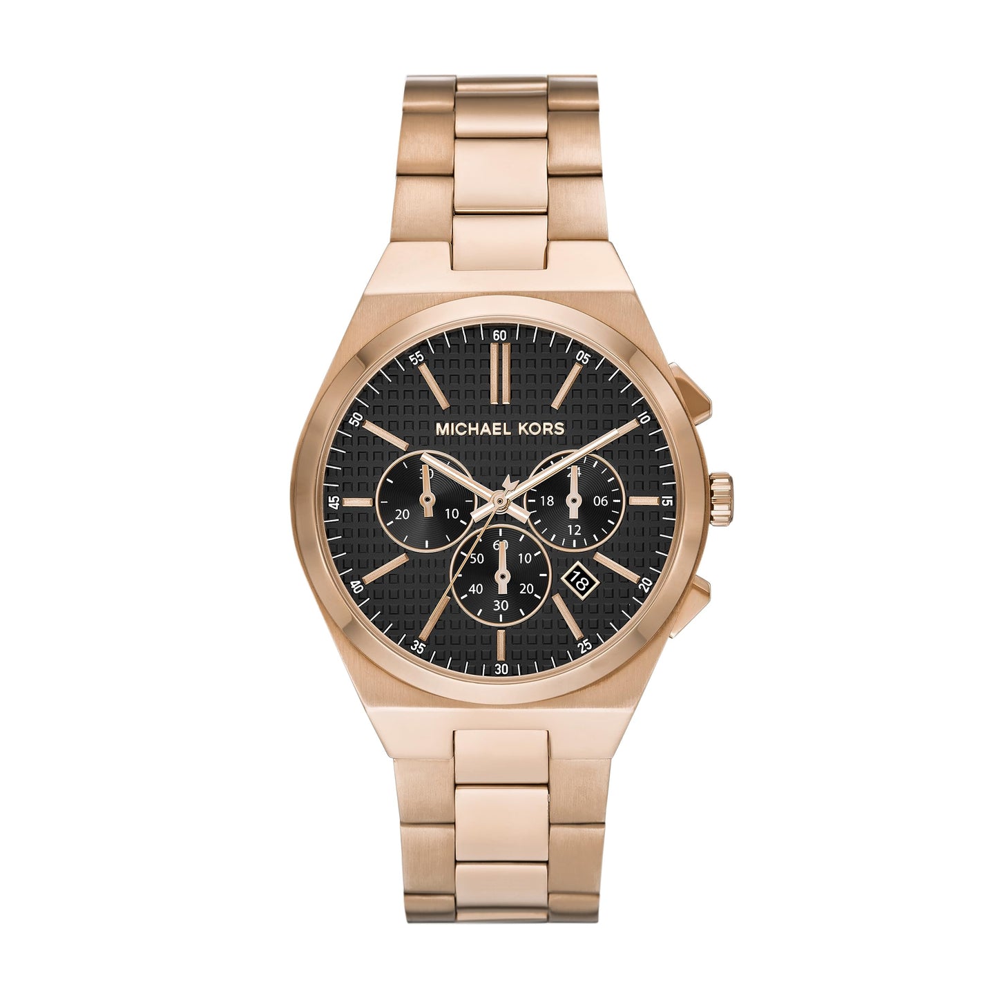 Michael Kors Oversized Lennox Chronograph rose gold-tone men's watch with black dial and chronograph subdials