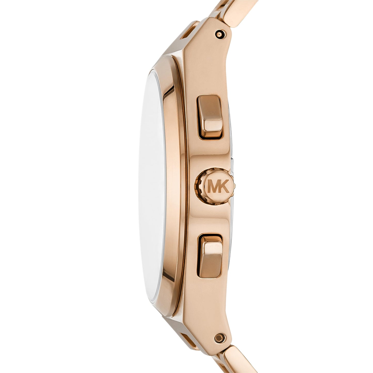 Michael Kors Lennox MK9119 side view showing rose gold-tone case and crown with chronograph pushers