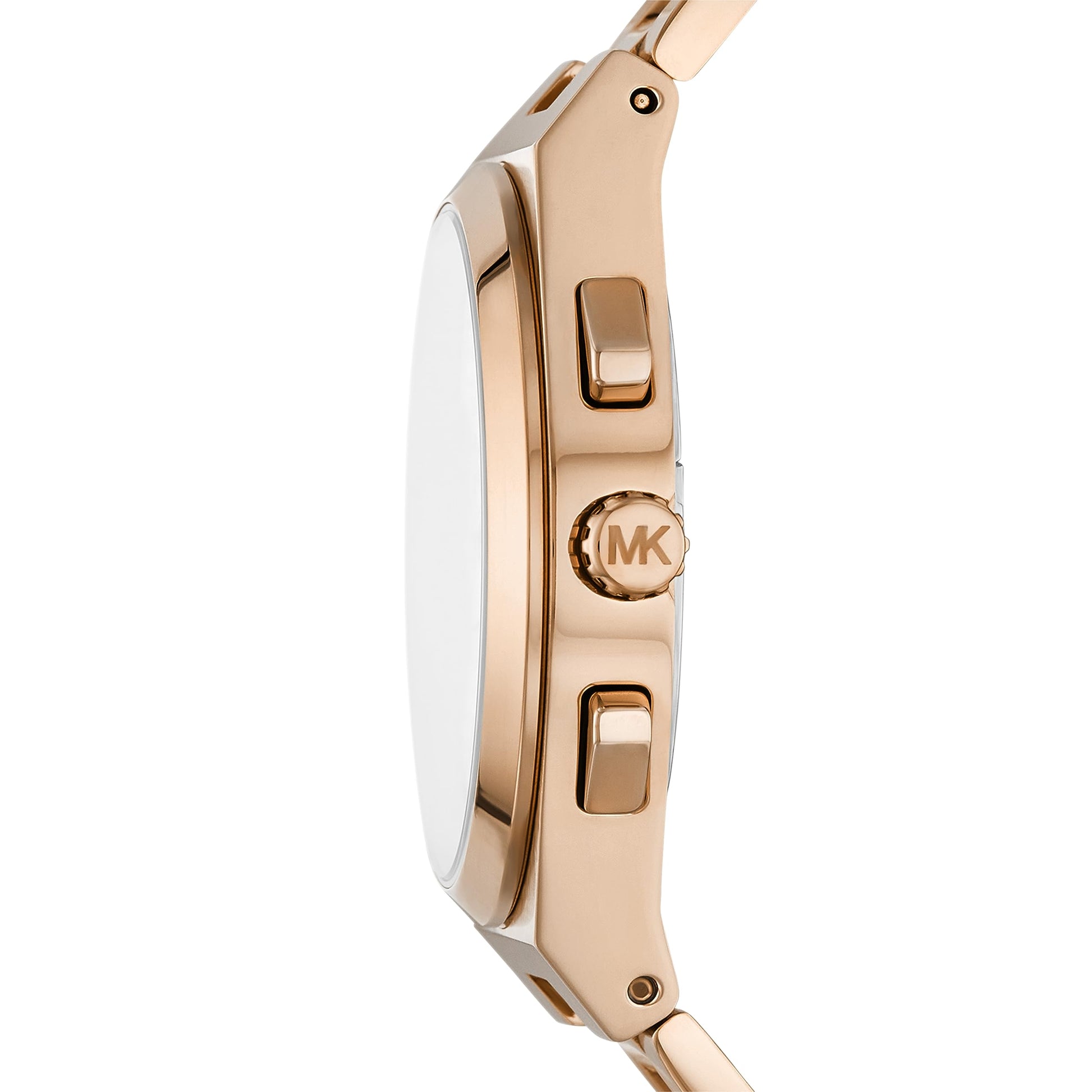 Michael Kors Lennox MK9119 side view showing rose gold-tone case and crown with chronograph pushers
