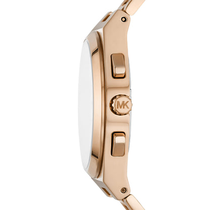 Michael Kors Lennox MK9119 side view showing rose gold-tone case and crown with chronograph pushers