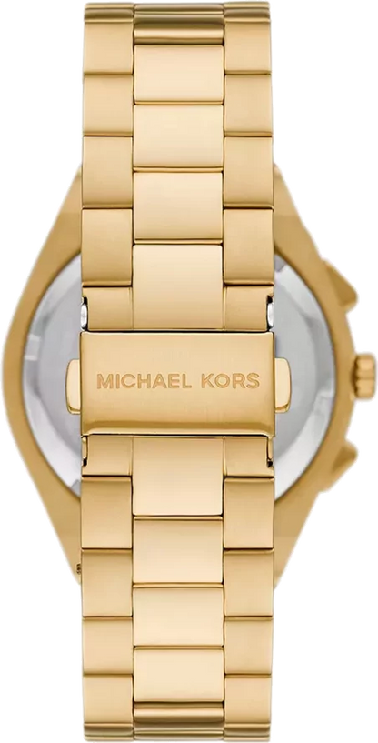 Michael Kors Lennox watch caseback detail showing gold-tone stainless steel case