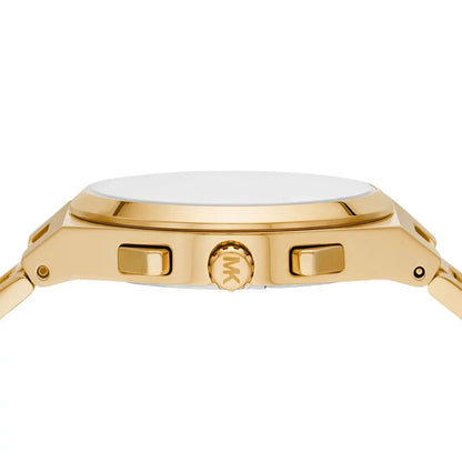 Michael Kors Lennox watch side view showing gold-tone case and link bracelet