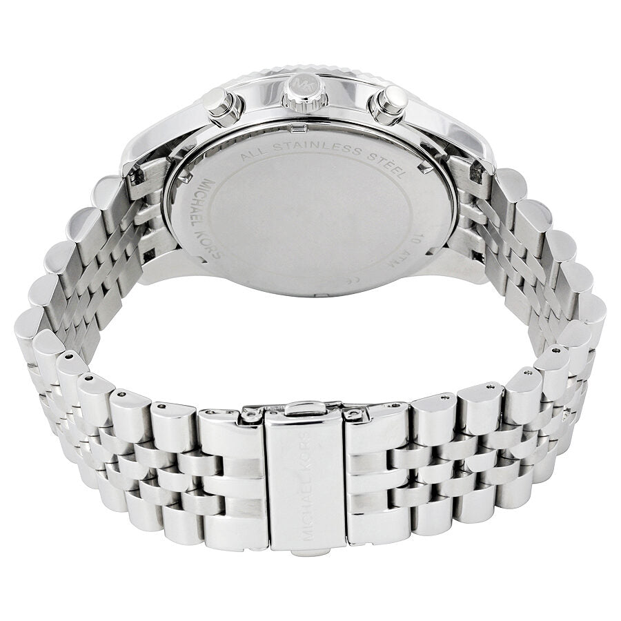 Michael Kors Lexington Chronograph caseback showing stainless steel case back and metal link bracelet from rear view