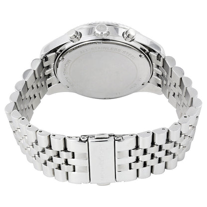 Michael Kors Lexington Chronograph caseback showing stainless steel case back and metal link bracelet from rear view