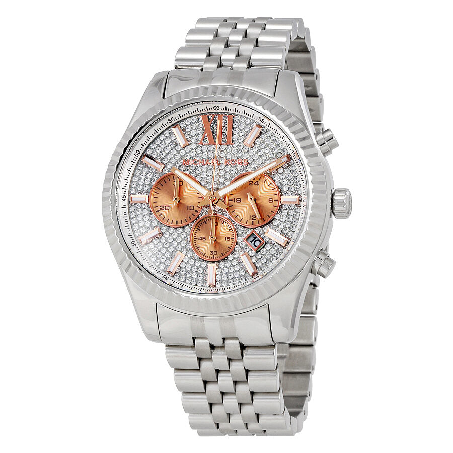 Michael Kors Lexington Chronograph Ladies Watch with silver stainless steel case and bracelet, crystal dial with rose gold subdials
