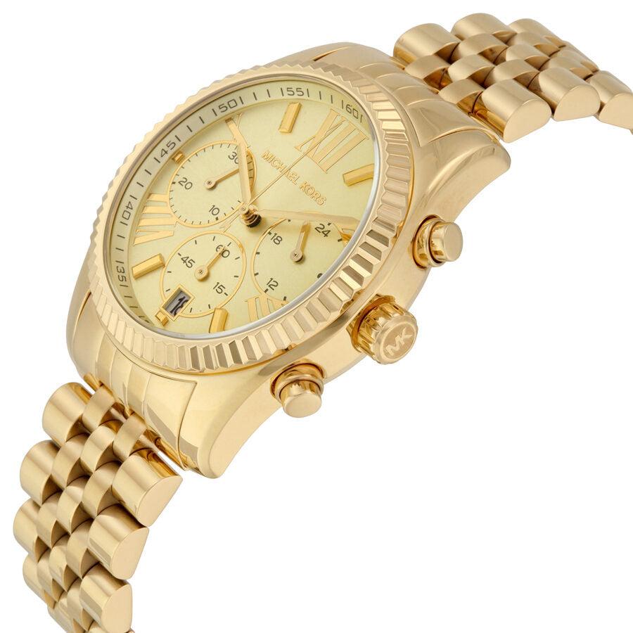 Michael Kors Lexington Chronograph angled view showing gold bracelet, case side, and champagne dial