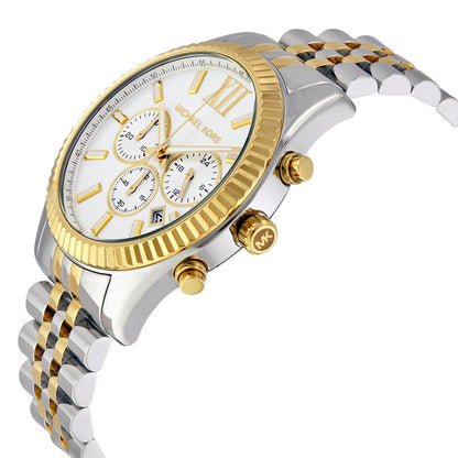 Michael Kors Lexington chronograph angled view showing gold bezel, white dial, and two-tone bracelet