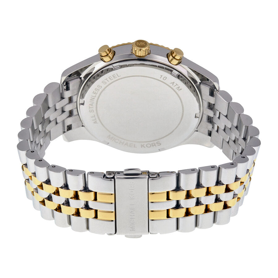 Michael Kors Lexington chronograph caseback showing two-tone stainless steel bracelet and case
