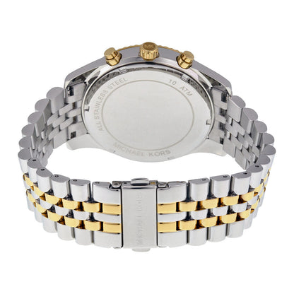 Michael Kors Lexington chronograph caseback showing two-tone stainless steel bracelet and case