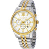 Michael Kors Lexington chronograph men's watch with white dial, gold hour markers, and two-tone bracelet
