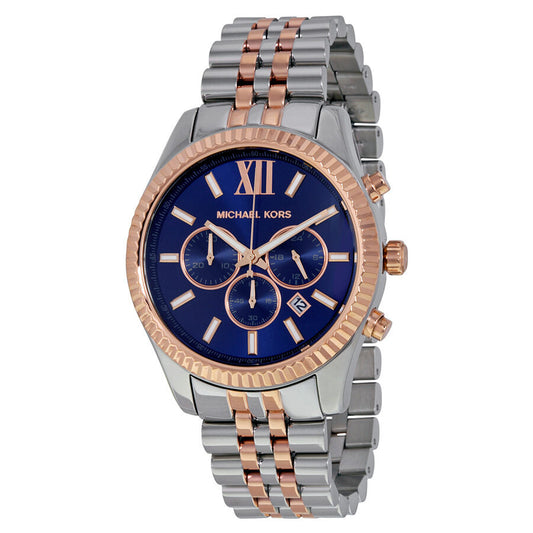 Michael Kors Lexington chronograph watch with navy dial and two-tone bracelet
