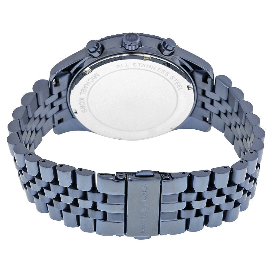 Caseback view showing stainless steel bracelet and case back of chronograph watch