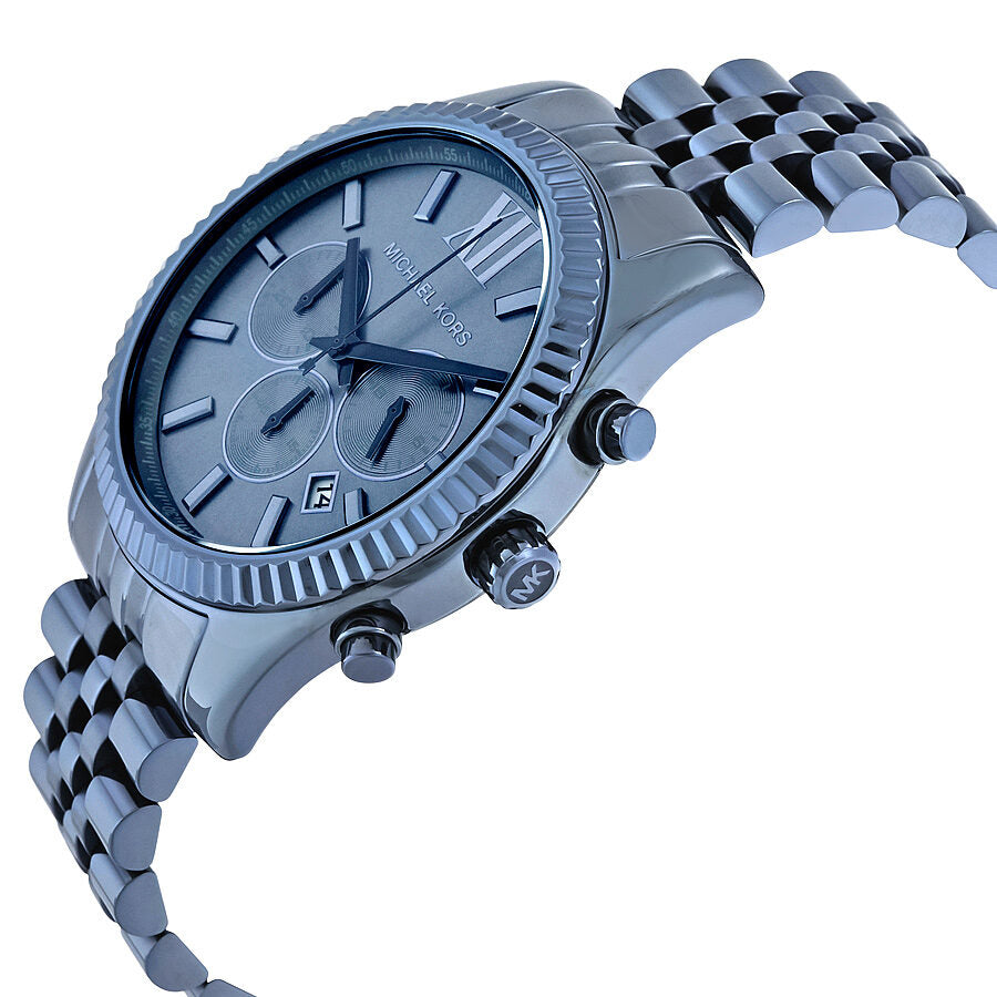 Side angle view of blue chronograph watch showing profile and chronograph pushers