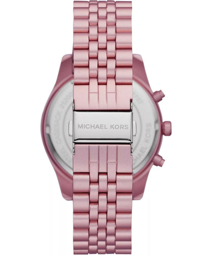 Michael Kors Lexington Chronograph caseback showing pink aluminum case with logo and bracelet