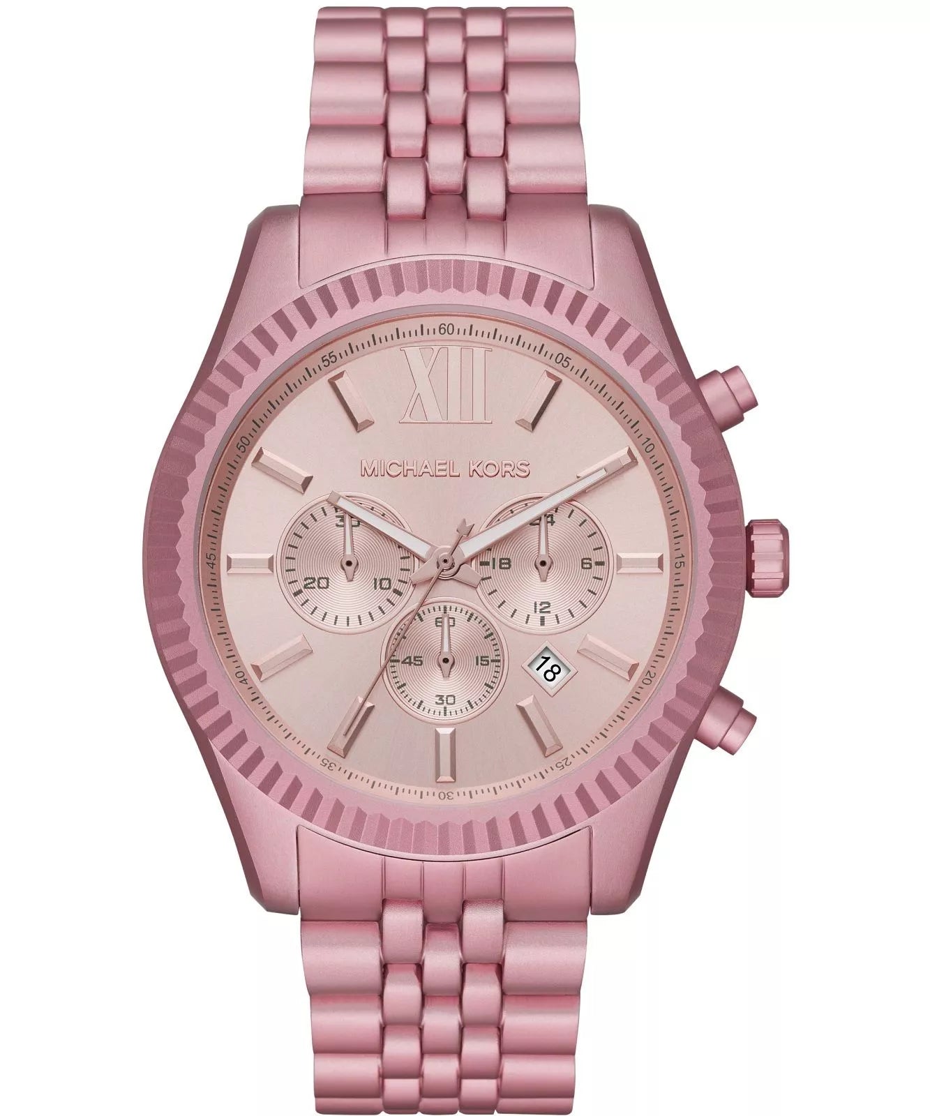 Michael Kors Lexington Chronograph pink aluminum watch with Roman numeral dial and chronograph subdials