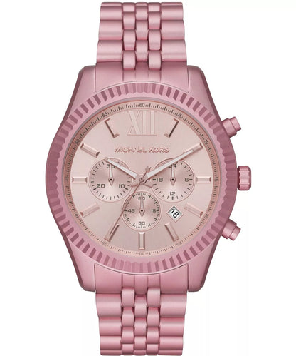 Michael Kors Lexington Chronograph pink aluminum watch with Roman numeral dial and chronograph subdials