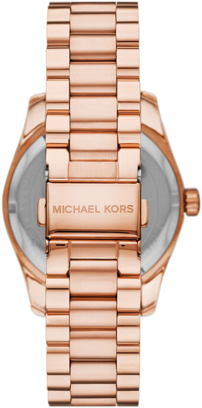 Michael Kors Lexington MK1088 caseback showing rose gold-tone stainless steel bracelet