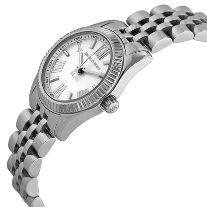 Michael Kors Lexington Mini watch angled side view showing white dial and stainless steel bracelet