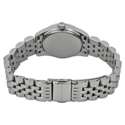 Michael Kors Lexington Mini watch caseback showing stainless steel case with metal bracelet and clasp