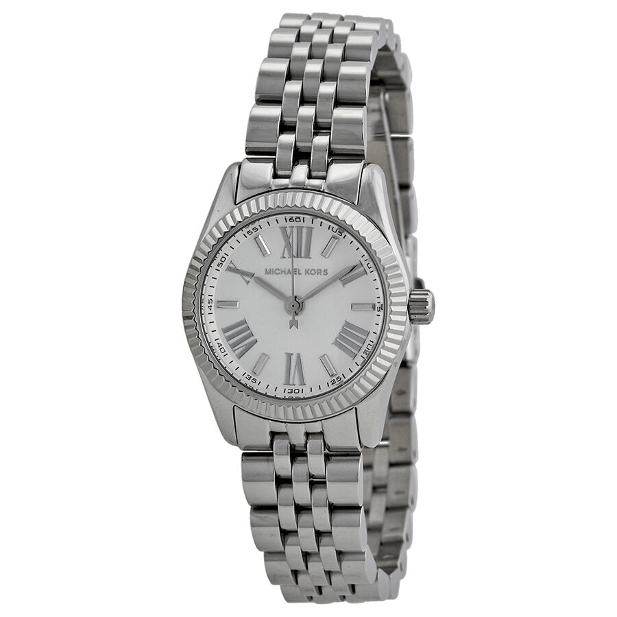 Michael Kors Lexington Mini silver women's watch with white dial and crystal bezel, stainless steel bracelet
