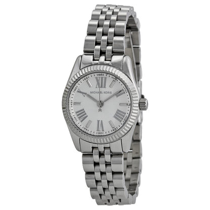 Michael Kors Lexington Mini silver women's watch with white dial and crystal bezel, stainless steel bracelet